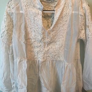 Cream Ruffled Peplum Blouse with Mandarin Collar